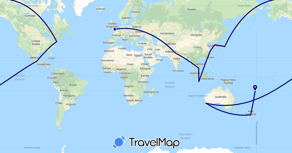 TravelMap itinerary: driving in Australia, China, Fiji, United Kingdom, Indonesia, India, Japan, South Korea, Mexico, New Zealand, United States, Vietnam (Asia, Europe, North America, Oceania)